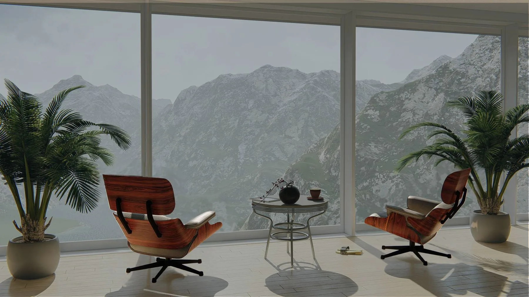 Visualisierung eines Wohnraums mit Panoramafenster, zwei Sesseln und Berglandschaft